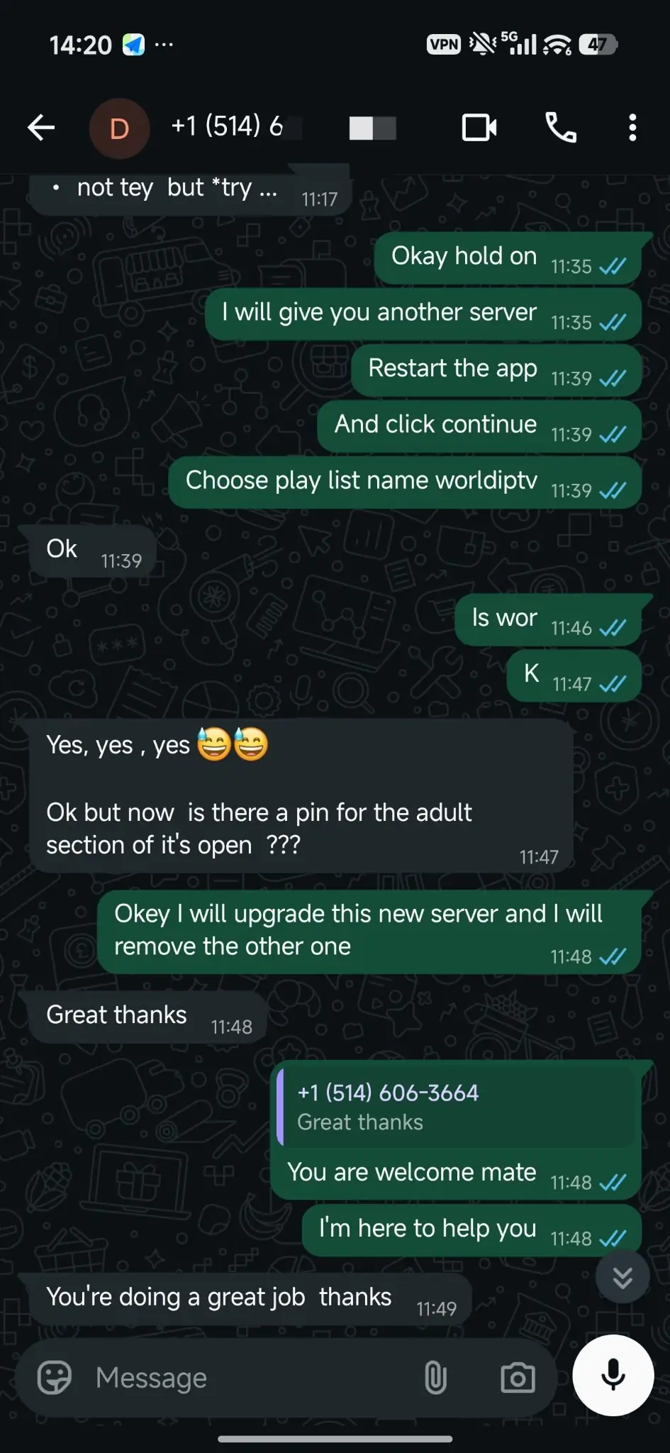 Selected Zynexa IPTV WhatsApp customer conversation from Canada