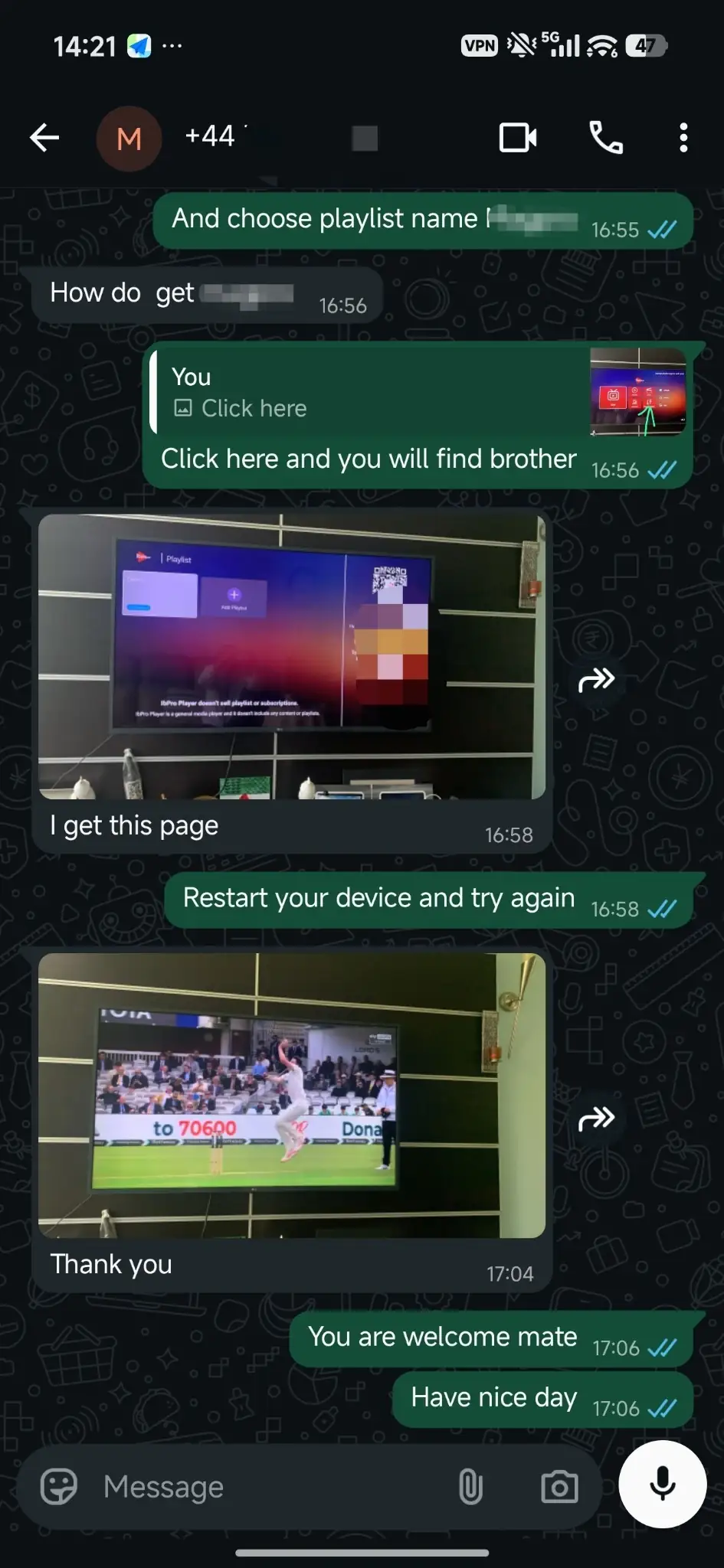 Selected Zynexa IPTV WhatsApp customer conversation from the United Kingdom