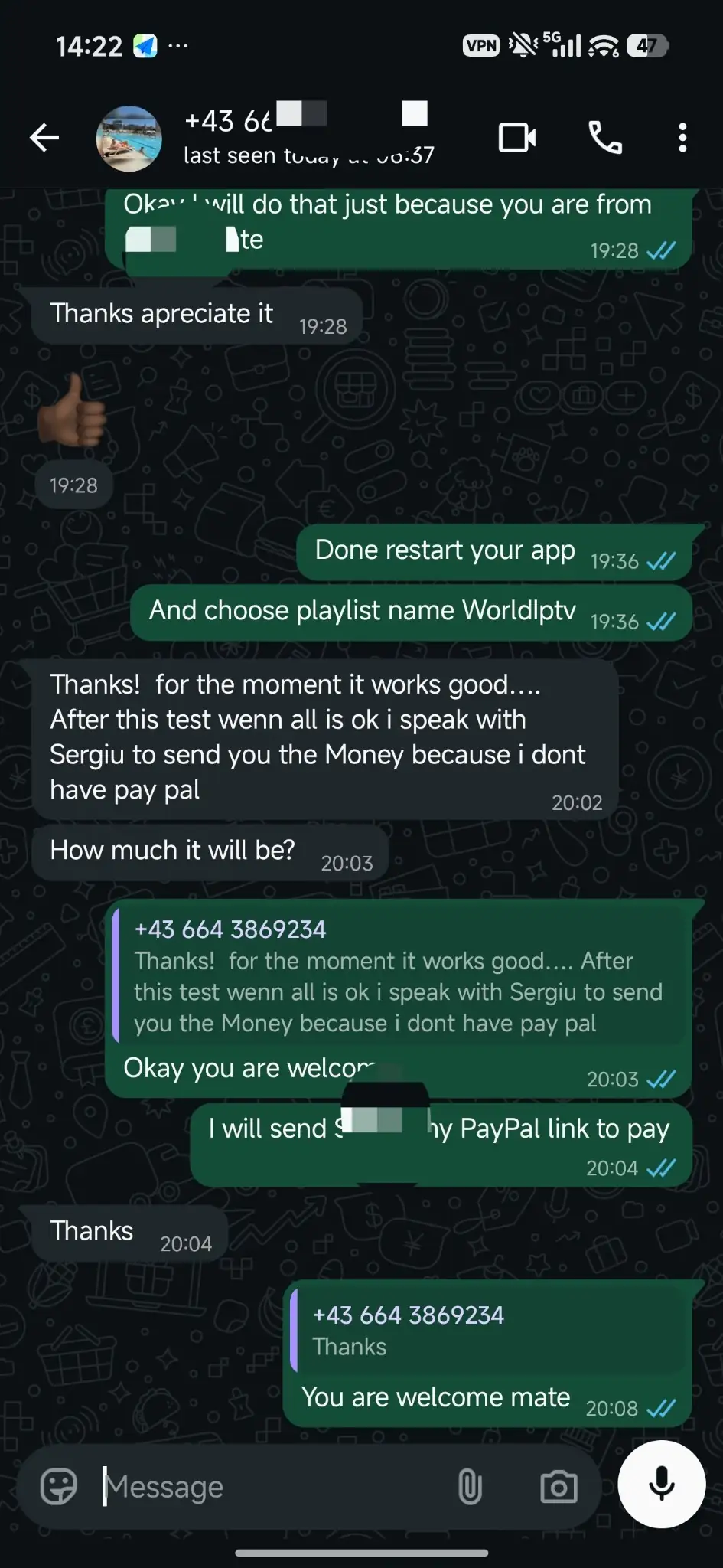 Selected Zynexa IPTV WhatsApp customer conversation from Austria