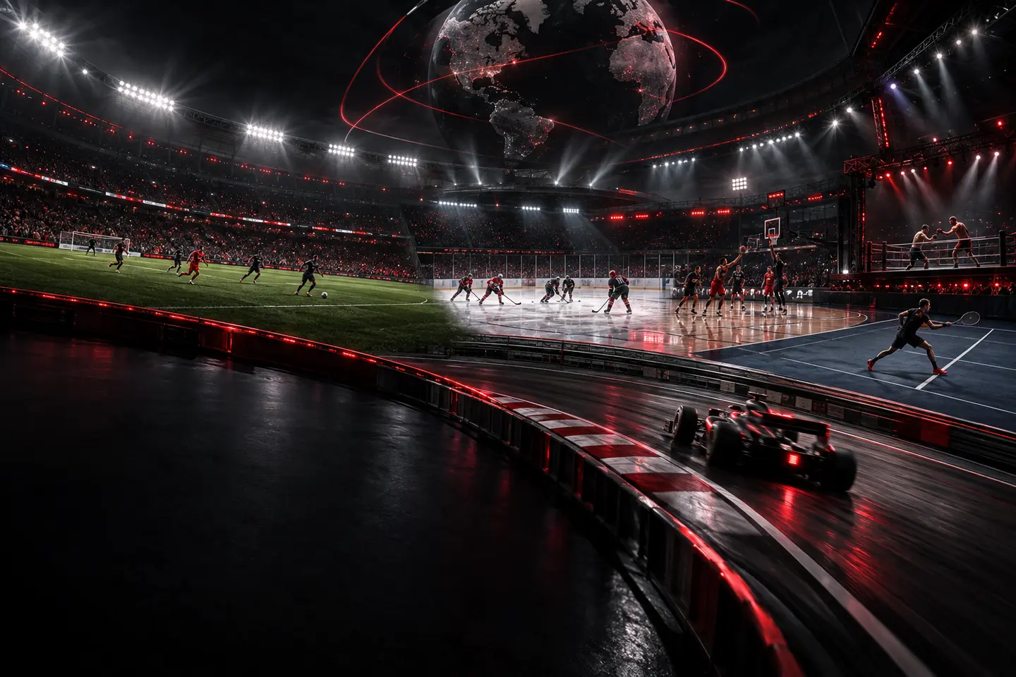 Global sports scene featuring football, ice hockey, basketball, tennis, motorsport and combat sports